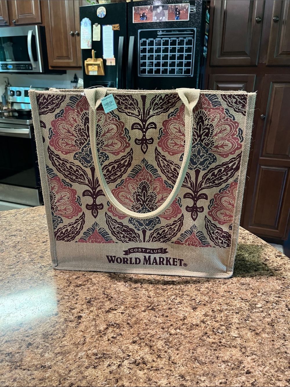 NWT Cost Plus World Market Beige Tote with pink Floral Pattern